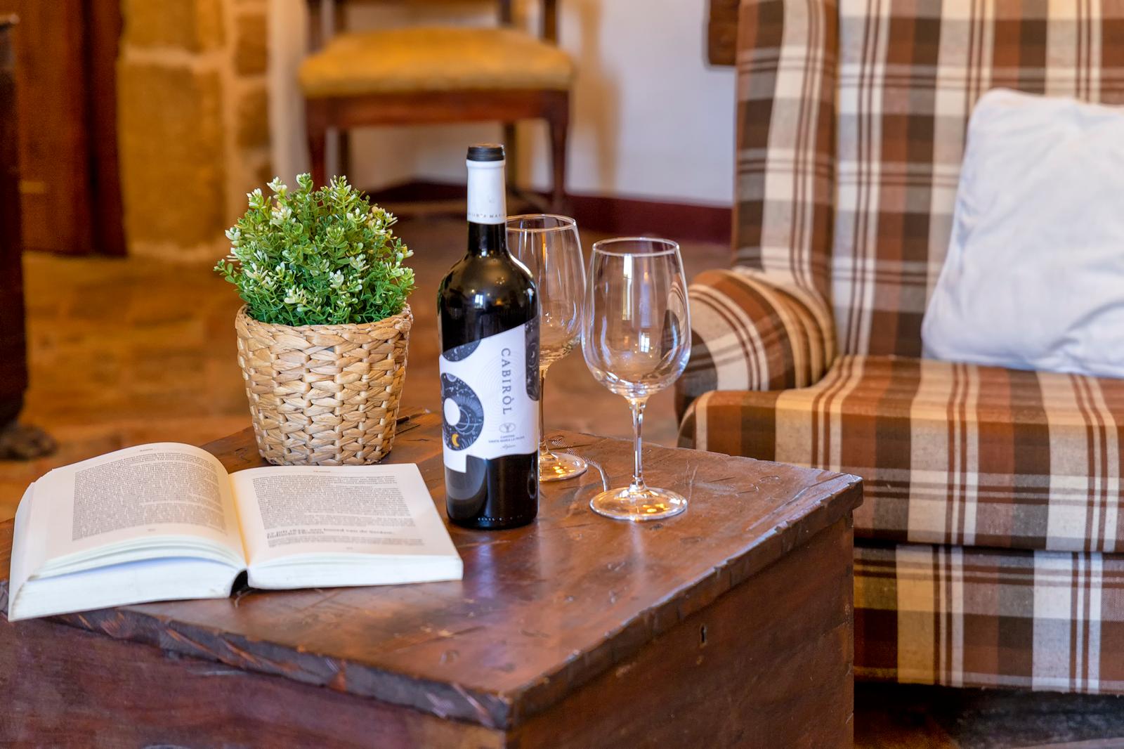 Un libro e un calice di vino nel salone di Villa del Conte